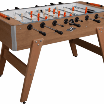 Nahaufnahme des Kickertisch Deutscher Meister | Profi Eiche mit hellem Spielfeld und orangen und weißen Figuren