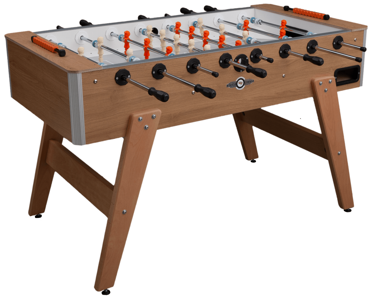 Kickertisch Deutscher Meister | Profi Eiche mit hellem Spielfeld und orangen und weißen Figuren