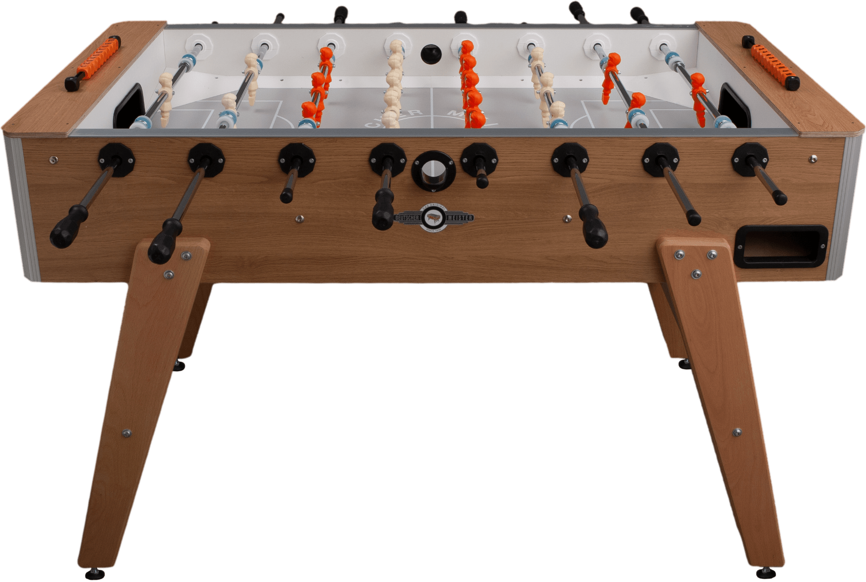 Nahaufnahme des Kickertisch Deutscher Meister | Profi Eiche mit hellem Spielfeld und orangen und weißen Figuren